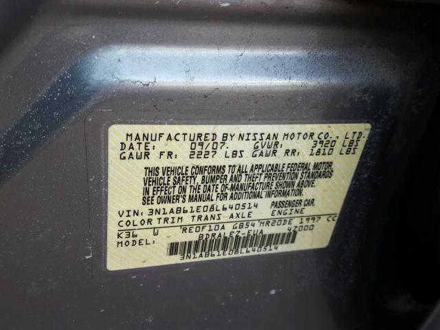 3N1AB61E08L640514 - 2008 NISSAN SENTRA 2.0 GRAY photo 10