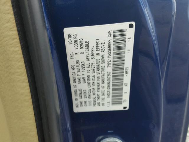 1HGCS128X9A007367 - 2009 HONDA ACCORD EXL BLUE photo 10