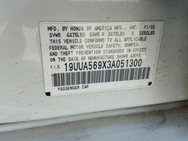 19UUA569X3A051300 - 2003 ACURA 3.2TL TYPE WHITE photo 10