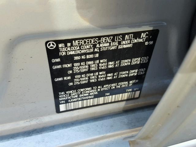 4JGAB72E7YA151502 - 2000 MERCEDES-BENZ ML 430 SILVER photo 10