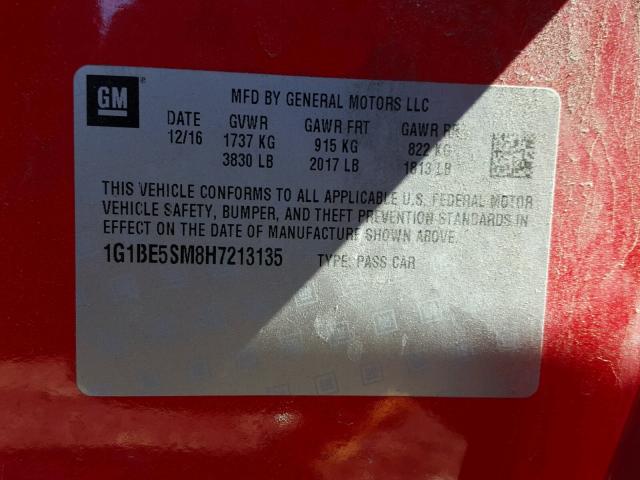 1G1BE5SM8H7213135 - 2017 CHEVROLET CRUZE LT RED photo 10