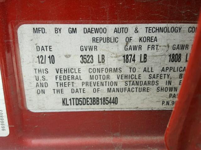 KL1TD5DE3BB185440 - 2011 CHEVROLET AVEO LS RED photo 10