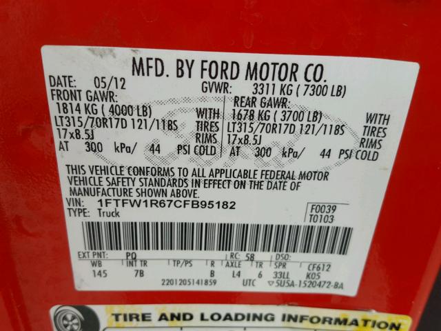 1FTFW1R67CFB95182 - 2012 FORD F150 SVT R RED photo 10