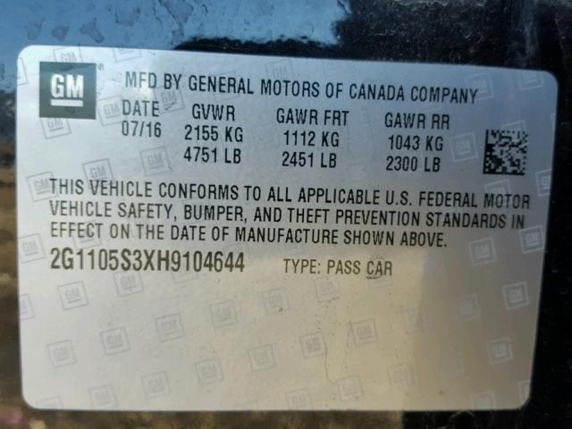 2G1105S3XH9104644 - 2017 CHEVROLET IMPALA LT BLACK photo 10