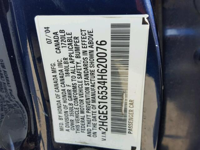 2HGES16534H620076 - 2004 HONDA CIVIC LX BLUE photo 10