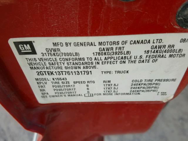 2GTEK13T761131791 - 2006 GMC NEW SIERRA RED photo 10