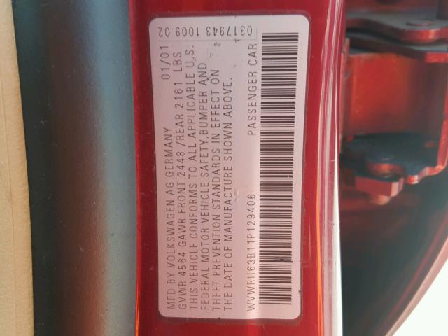 WVWRH63B11P129406 - 2001 VOLKSWAGEN PASSAT GLX 勃艮第红 照片 10