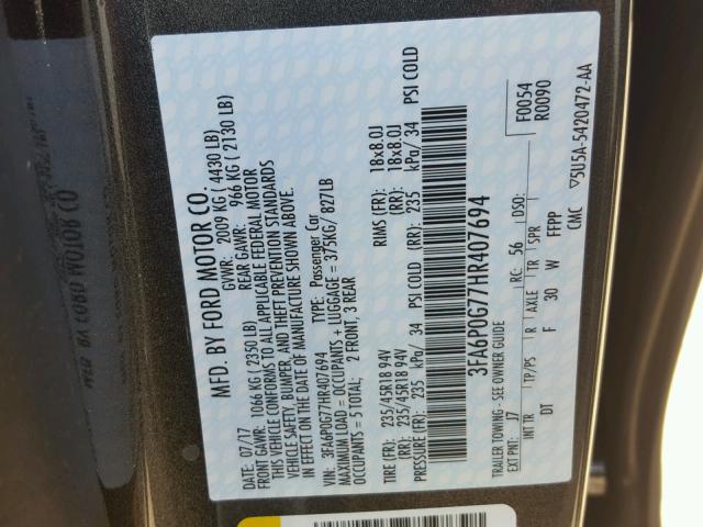 3FA6P0G77HR407694 - 2017 FORD FUSION S CHARCOAL photo 10