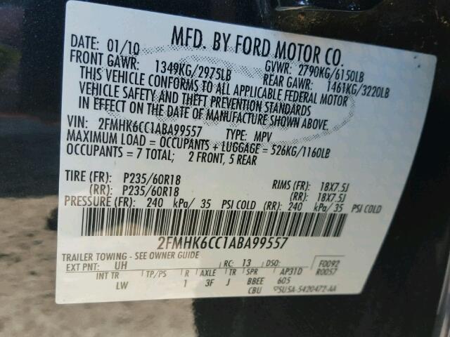 2FMHK6CC1ABA99557 - 2010 FORD FLEX SEL შავი ფოტო 10