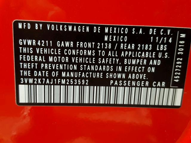 3VW2K7AJ1FM253592 - 2015 VOLKSWAGEN JETTA BASE 红色 照片 10