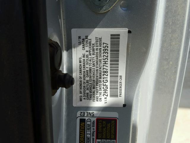 2HGFG12877H523957 - 2007 HONDA CIVIC EX ვერცხლისფერი ფოტო 10