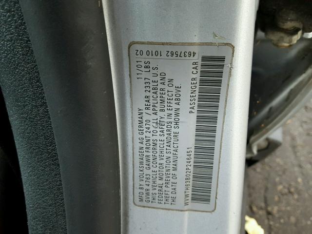 WVWTH63B02P246451 - 2002 VOLKSWAGEN PASSAT GLX 银色 照片 10