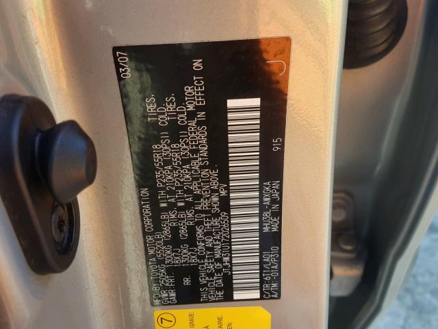 JTJHW31U172026509 - 2007 LEXUS RX 400H SILVER photo 10