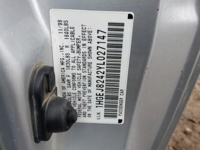 1HGEJ8242YL027147 - 2000 HONDA CIVIC EX SILVER photo 10