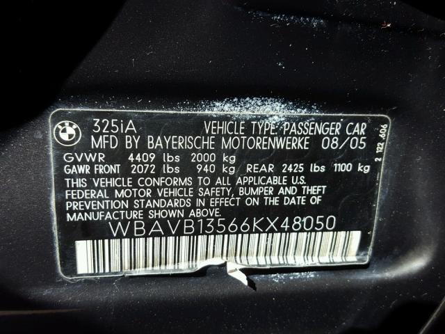 WBAVB13566KX48050 - 2006 BMW 325 I GRAY photo 10