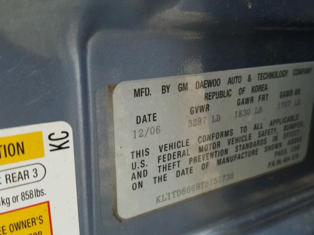 KL1TD66697B756738 - 2007 CHEVROLET AVEO BASE Көк фото 10