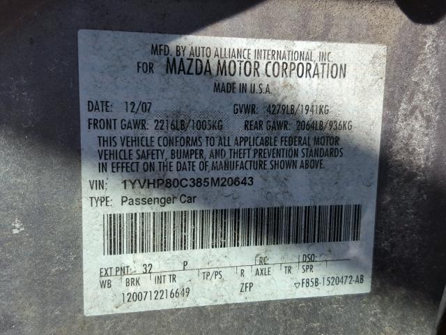 1YVHP80C385M20643 - 2008 MAZDA 6 I GRAY photo 10