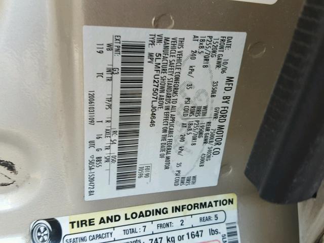 5LMFU27507LJ04646 - 2007 LINCOLN NAVIGATOR ოქროსფერი ფოტო 10