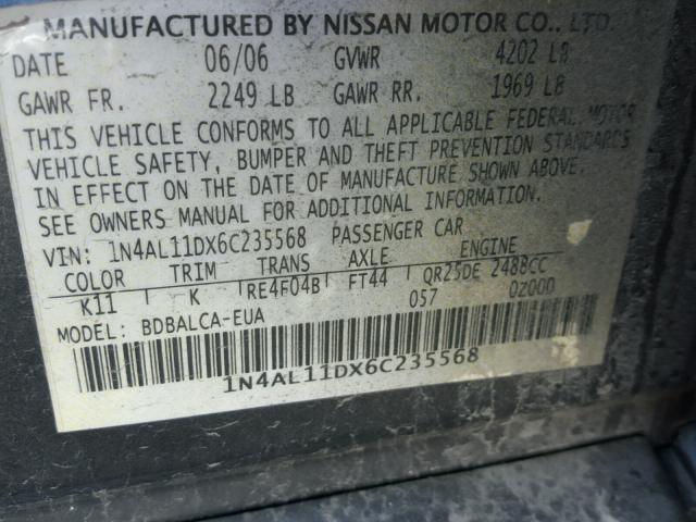 1N4AL11DX6C235568 - 2006 NISSAN ALTIMA S GRAY photo 10