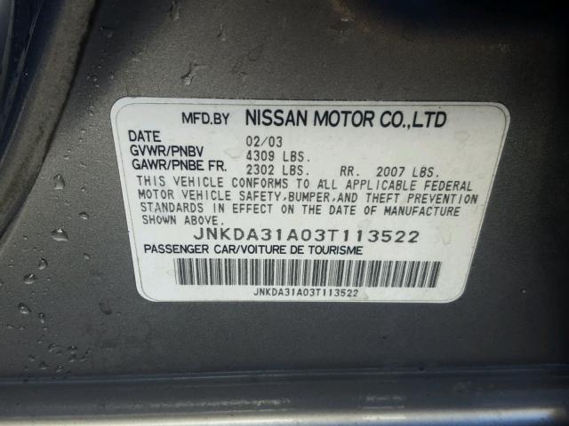 JNKDA31A03T113522 - 2003 INFINITI I35 GRAY photo 10