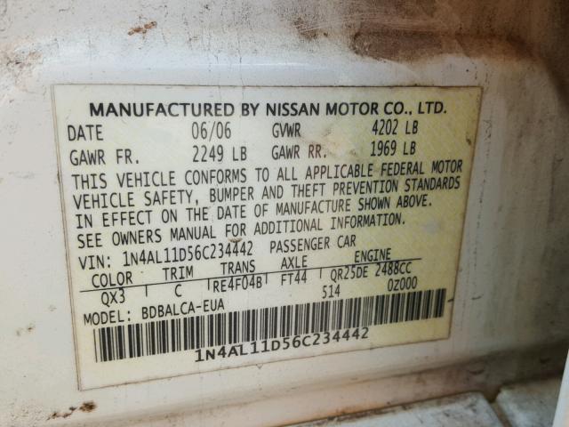 1N4AL11D56C234442 - 2006 NISSAN ALTIMA S WHITE photo 10