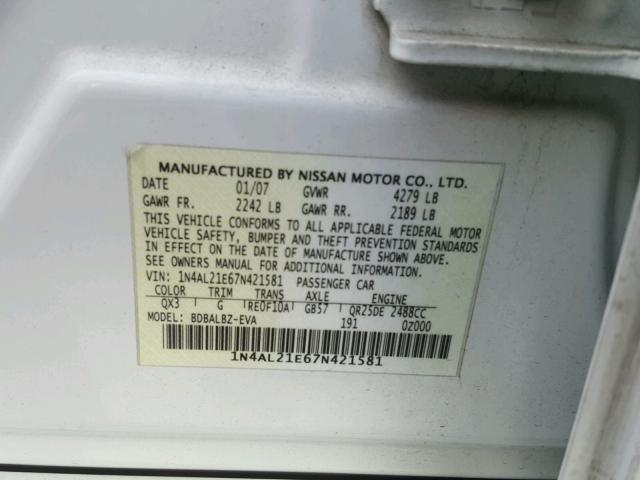 1N4AL21E67N421581 - 2007 NISSAN ALTIMA 2.5 WHITE photo 10