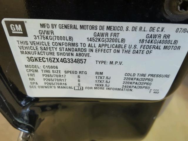 3GKEC16ZX4G334857 - 2004 GMC YUKON XL C BLACK photo 10