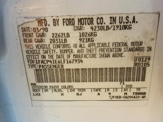 1FACP41E6LF167934 - 1990 FORD MUSTANG LX WHITE photo 10