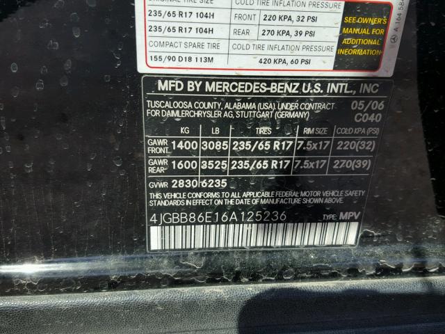 4JGBB86E16A125236 - 2006 MERCEDES-BENZ ML 350 BLACK photo 10