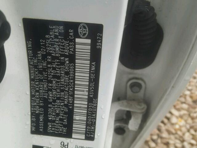 4T4BF1FK5CR199065 - 2012 TOYOTA CAMRY BASE WHITE photo 10