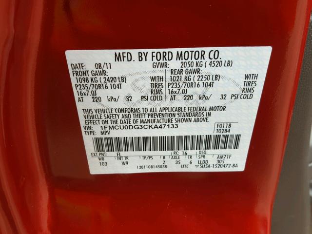 1FMCU0DG3CKA47133 - 2012 FORD ESCAPE XLT BURGUNDY photo 10