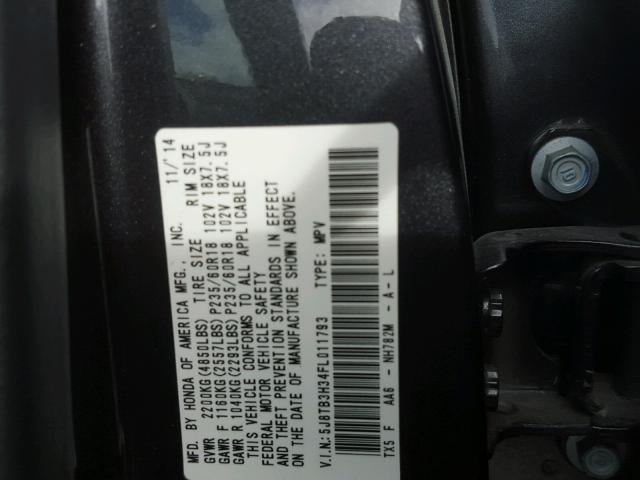 5J8TB3H34FL011793 - 2015 ACURA RDX BASE GRAY photo 10