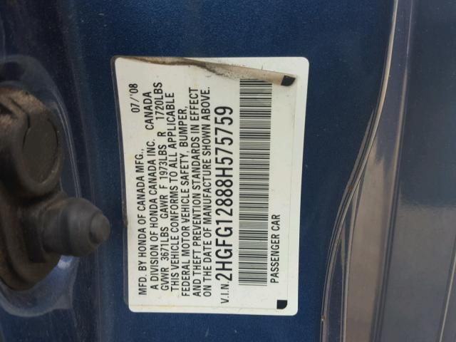 2HGFG12888H575759 - 2008 HONDA CIVIC EX BLUE photo 10