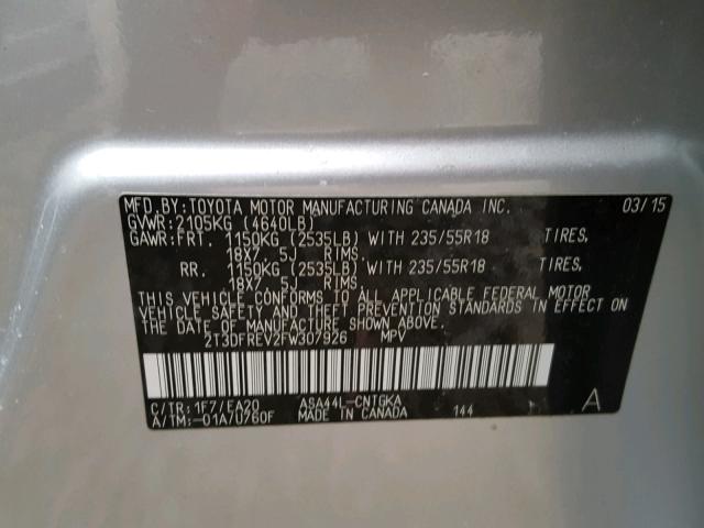 2T3DFREV2FW307926 - 2015 TOYOTA RAV4 LIMIT SILVER photo 10