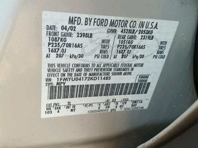 1FMYU04172KD11485 - 2002 FORD ESCAPE XLT SILVER photo 10