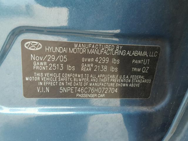 5NPET46C76H072704 - 2006 HYUNDAI SONATA GL BLUE photo 10