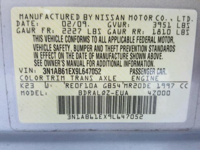 3N1AB61EX9L647052 - 2009 NISSAN SENTRA 2.0 SILVER photo 10