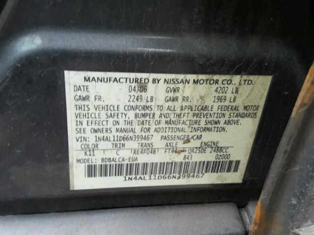 1N4AL11D66N399467 - 2006 NISSAN ALTIMA S GRAY photo 10