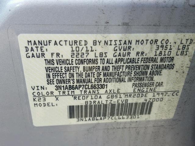 3N1AB6AP7CL663301 - 2012 NISSAN SENTRA 2.0 SILVER photo 10