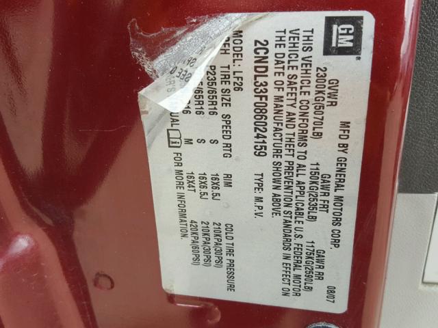 2CNDL33F086024159 - 2008 CHEVROLET EQUINOX LT BURGUNDY photo 10