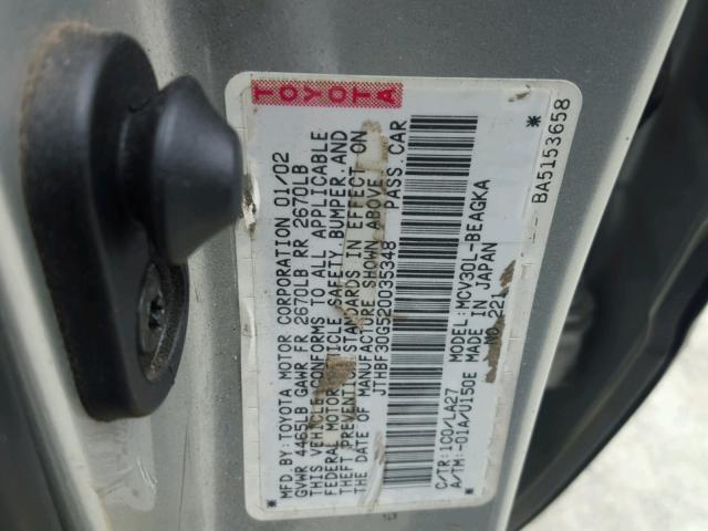 JTHBF30G520035348 - 2002 LEXUS ES 300 GRAY photo 10