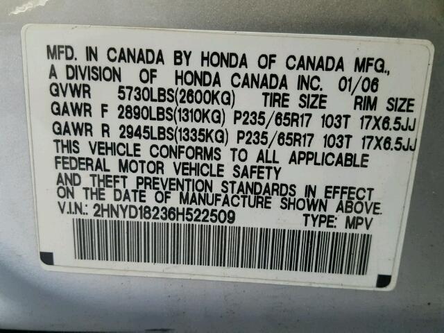 2HNYD18236H522509 - 2006 ACURA MDX SILVER photo 10