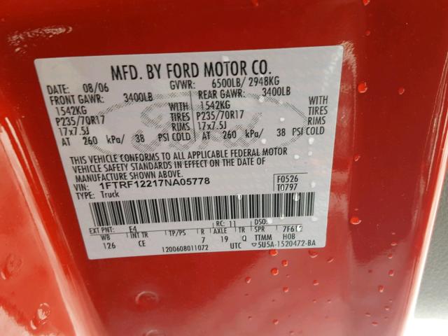 1FTRF12217NA05778 - 2007 FORD F150 RED photo 10