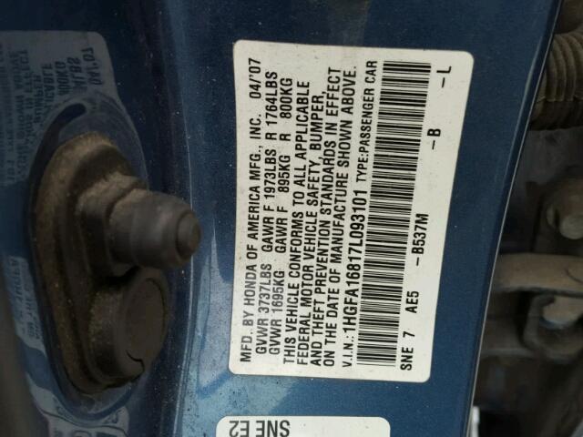 1HGFA16817L093101 - 2007 HONDA CIVIC EX ლურჯი ფოტო 10