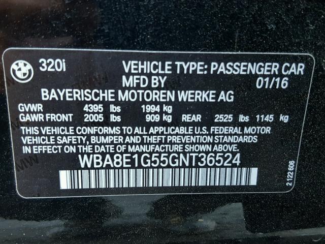 WBA8E1G55GNT36524 - 2016 BMW 320 I BLACK photo 10