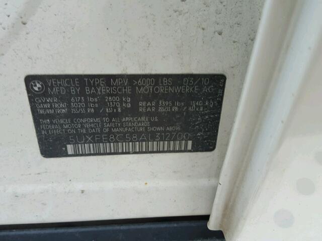 5UXFE8C58AL312700 - 2010 BMW X5 XDRIVE4 WHITE photo 10
