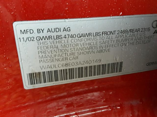 WAULC68E03A240149 - 2003 AUDI A4 1.8T QU RED photo 10