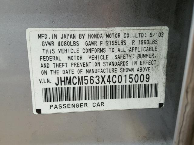 JHMCM563X4C015009 - 2004 HONDA ACCORD LX SILVER photo 10