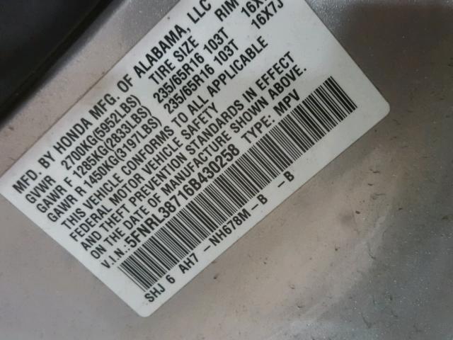 5FNRL38716B430258 - 2006 HONDA ODYSSEY EX GRAY photo 10