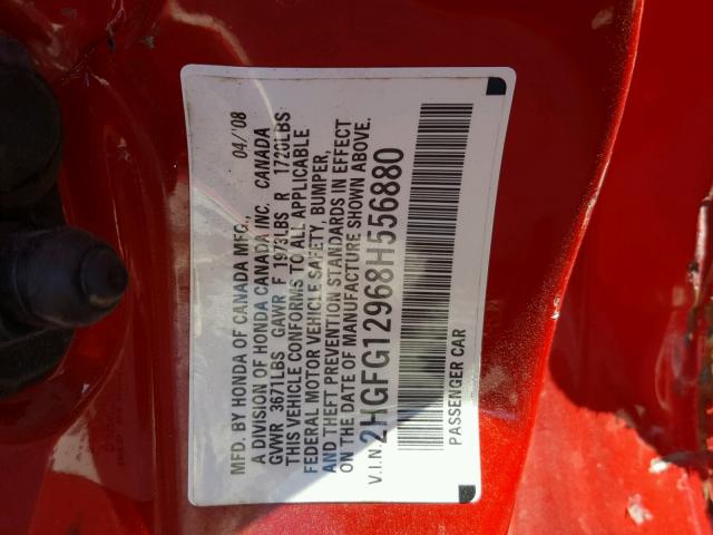 2HGFG12968H556880 - 2008 HONDA CIVIC EXL RED photo 10